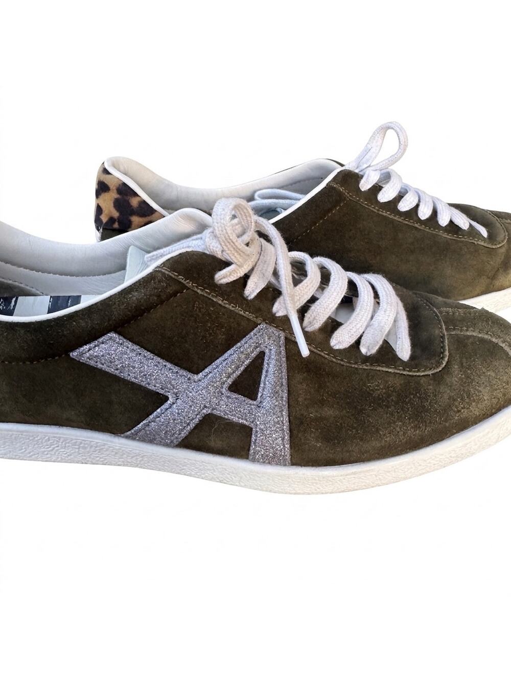 Aquazzura "The A" Suede Sneakers Olive Green Leopard Accent Women’s Size 38.5